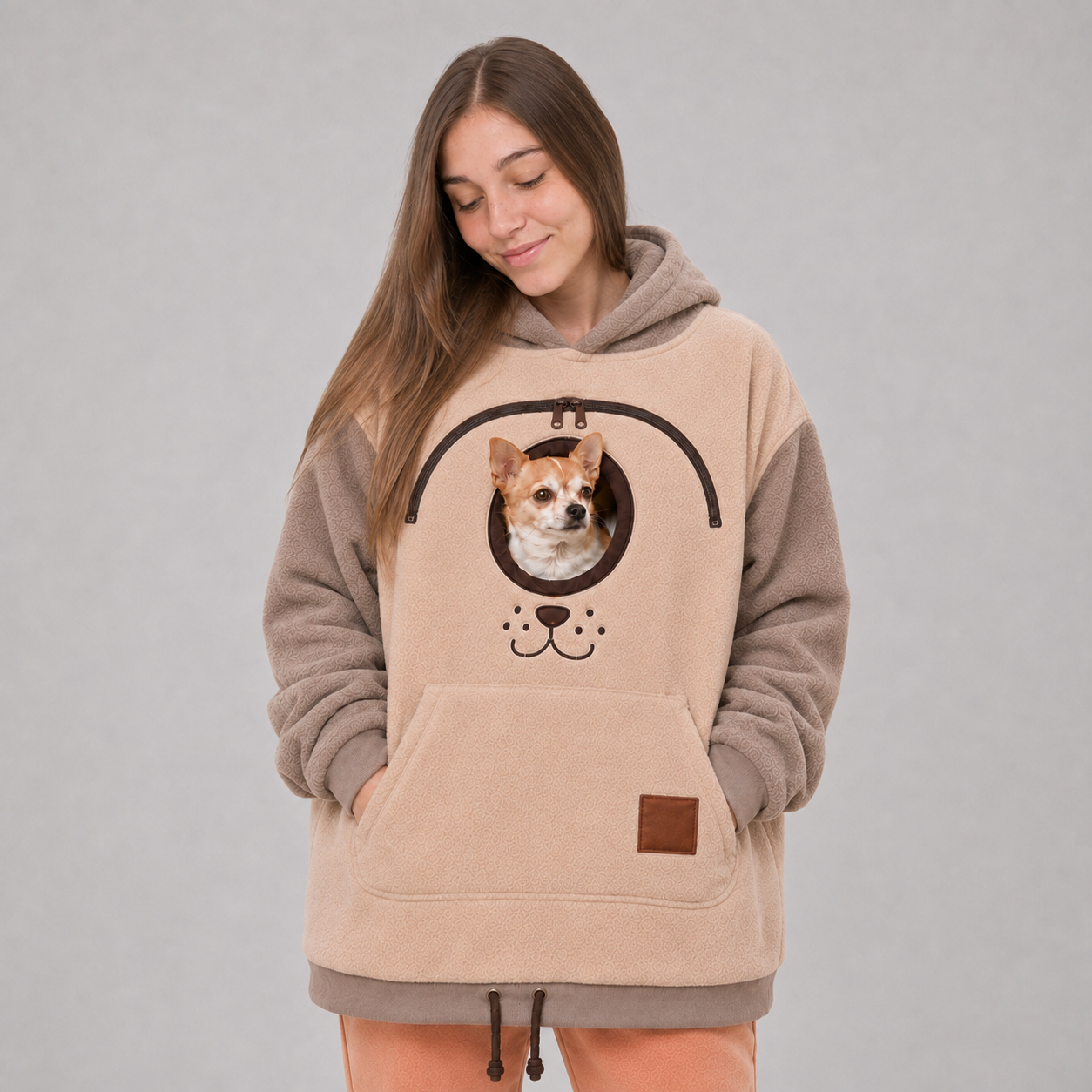 Dog Tote Carrier Hoodie with a small dog in the pouch