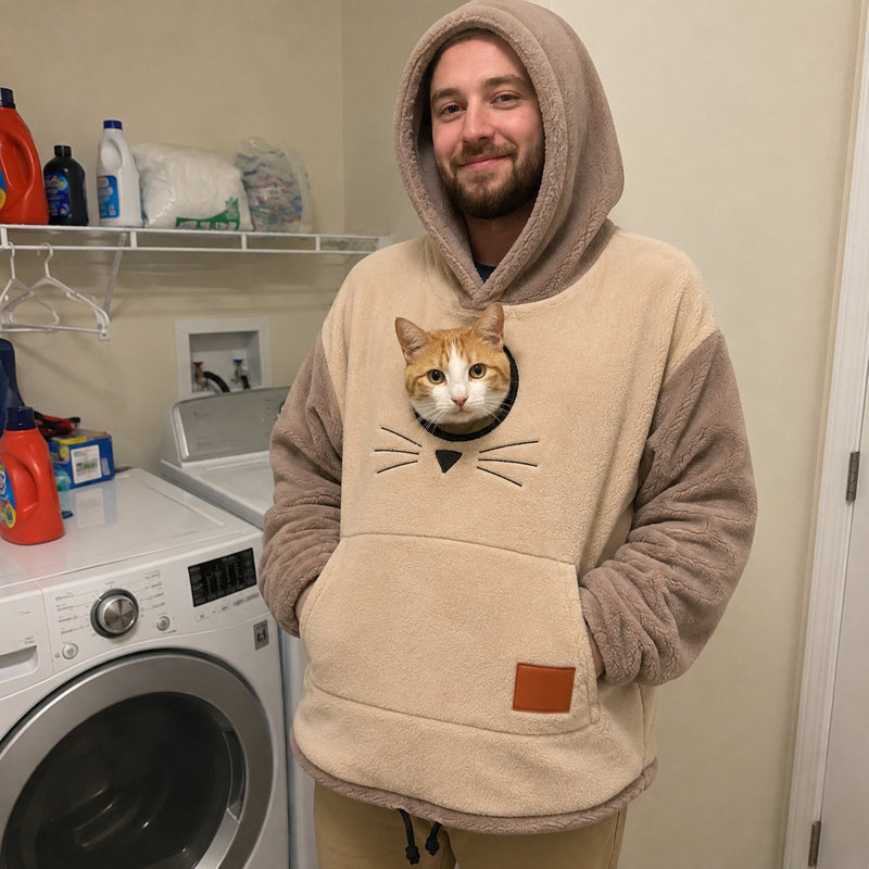 Hannah S. wearing the hoodie with their cat