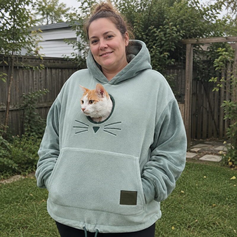 Jessie M. wearing the hoodie with their cat